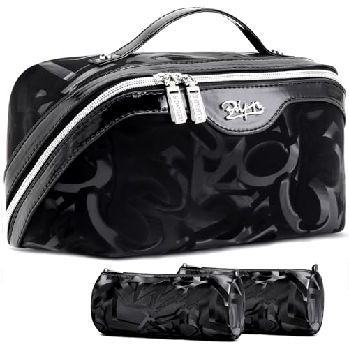 BOYATU Makeup Bag, Makeup Organizer, Toiletry Travel Bag for Women - Black | 3 Pcs Vegan Leather Cosmetic Bag with Compartments - Waterproof Large Capacity Toiletry Bag - 180° Open-Flat Makeup Organizer - color: D-2-Black