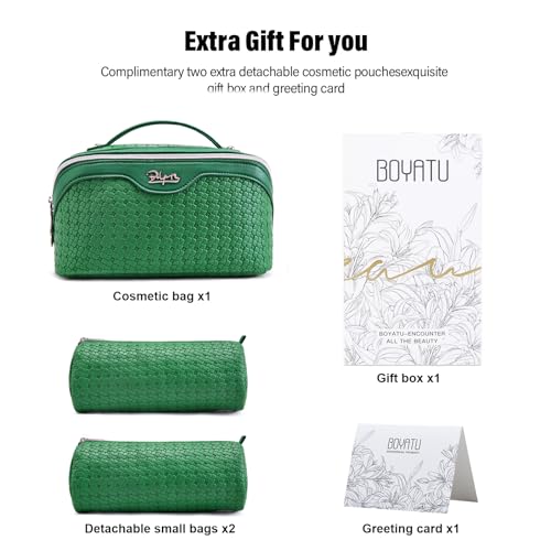 BOYATU Travel Makeup Bag Cosmetic Bags for Women: 3 Pcs Set Make up Bag | Large Capacity Waterproof Vegan Leather Organizer Bags with Compartments - Lay flat Toiletry with Handle (L38 Green) - color: L38 Green