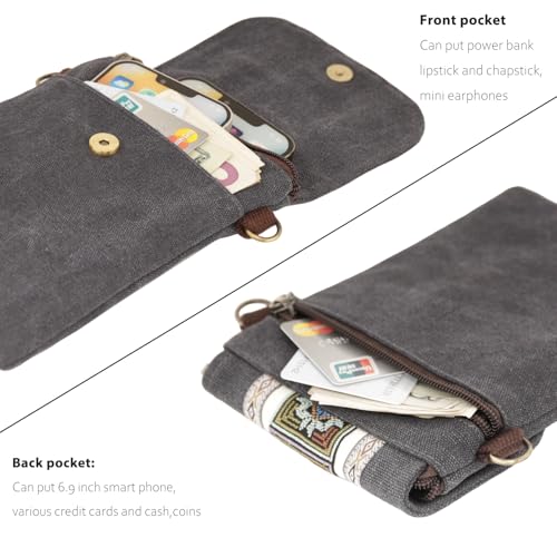 SILKAREA Vintage Embroidered Canvas Flip Small Crossbody Bag Cell Phone Pouch for Women Wristlet Wallet Bag Coin Purse - color: Grayish Blue