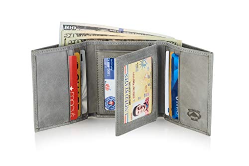 Stealth Mode Leather Trifold RFID Wallet For Men With Flip Out ID Holder - color: Grey