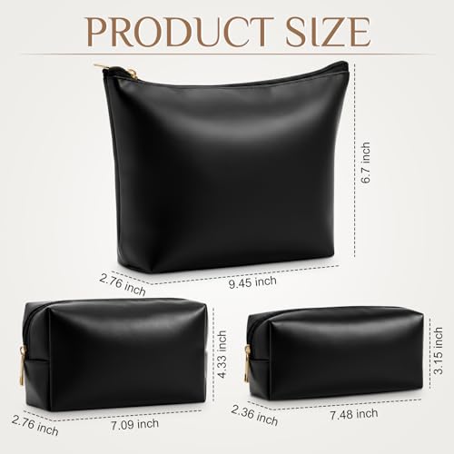 Kigeli 3 Piece Leather Makeup Bag Set Graduation Women Gifts PU Leather Makeup Toiletry Bag Bridesmaid Cosmetic Pouch Small Aesthetic Travel Purse for Wedding Birthday Women Gifts(Black) - color: Black