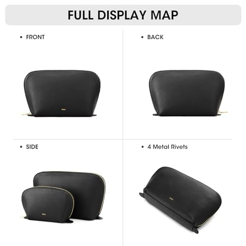 Kattee Leather Makeup Bag Set for Women, 2 Pack, Black - color: Black, size: 2-Pack, Medium+Large