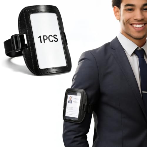 1 Pcs Black Arm Badge Holder, Adjustable ID Badge Holder Armband with Clear PVC Window, Waterproof PU Leather Ski Pass Armband for Security, Work, Office, Business, Skis