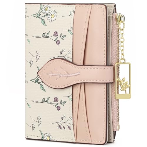 GAEKEAO Small Wallets for Women RFID Blocking Bifold Floral Vegan Leather Wallet Card Holder with Zipper Pocket ID Window - color: A03-Pink