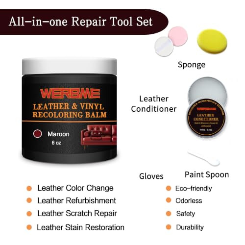 Leather Recoloring Balm & Mink Oil Leather Conditioner, Maroon | Restores faded leather, waterproof, scratch repair for couches, car seats, shoes & bags, Complete kit with mink oil & tools - color: Maroon