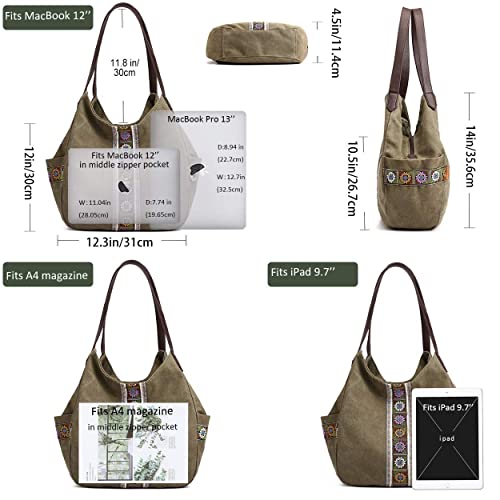 Worldlyda Women Canvas Hobo Purse Multi Pocket Tote Shopper Shoulder Bag Casual Top Handle handbag with Embroidery Ethnic - color: Mint Green