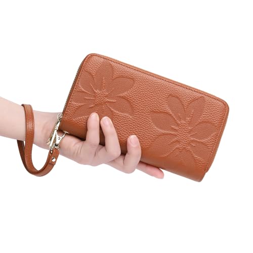 GOIACII Women's Wallet RFID Blocking Leather Wristlet | 2 Zip Around, Large Capacity, Credit Card Holder, Ladies Phone Clutch Purse - color: A04 Brown