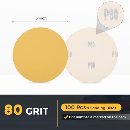 HARFINGTON 100 Pcs 5 Inch Sanding Discs 80 Grit Yellow Aluminum Oxide - size: 5 Inch(80 Grit)