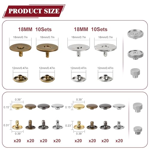160 Set Rivets for Leather Crafting and 20 Set Magnetic Buttons, 4 Colors 10 MM Double Cap Rivets & 18 MM Magnetic Snaps for Purses and Totes with Snap Fasteners Tool, for Leather, Boots, Belt - color: Black Handle