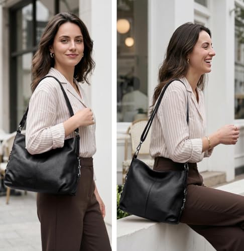 YALUXE Women's Real Leather Shoulder Bags Hobo Handbags Purse Crossbody Bag - color: Black