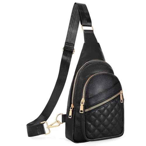 Sling Bag for Women Crossbody Leather Fanny Packs Chest Bag Fashion Sling Backpack Travel JASGOOD - color: Black-gold Hei