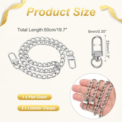 uxcell 19.7" Flat Purse Chain Strap, Silver Shoulder Straps Chains Metal Handbag Replacement Belt with 2 Pcs Metal Lobster Swivel Trigger Clips Style1 for Cross Body Wallet Bag - color: Silver, size: 19.7"