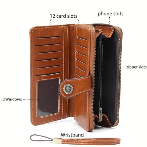 Women Leather Wallet Crossbody Shoulder Bag with Double Zipper and Mobile Phone Purse with Shoulder Strap - color: 665-brown