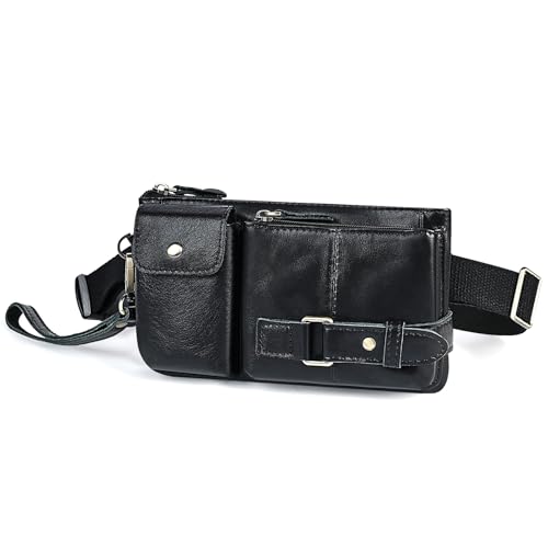 Water Resistant Canvas + Leather Hiking Riding Travel Fanny Waist Pack Small Phone Pouch For Men Women FB811-29 (100% Leather-The 8135 Black) - color: 100% Leather-The 8135 Black