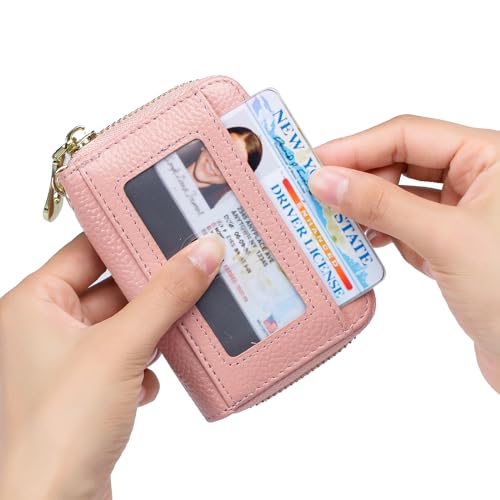 imeetu Rfid Credit Card Holder, Businese Card Case, Wallet for Women Men | Genuine Leather Card Wallet with id Window, Keychain & Double Zipper, Water-resistan Small Wallet with Gift Box, Daily Travel - color: Max - Pink