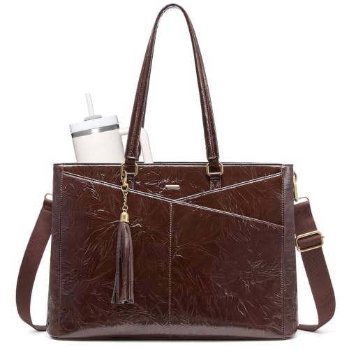 LOVEVOOK Laptop Tote Bag for Women,Leather Work Computer Briefcase Bag - color: Retro Brown—patent Leather, size: 15.6 inch