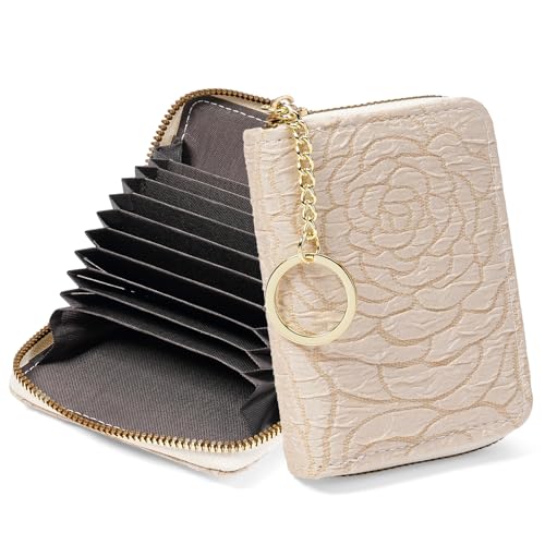 RNIEGA Credit Card Holder RFID Blocking Small Wallet for Women Vegan Leather Card Case Wallets with Zipper Keychain - color: zz-Champagne Gold