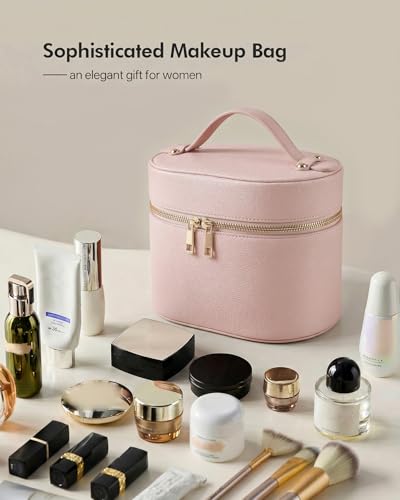 Prite 2 Pcs Makeup Bag Set Travel Cosmetic Case with Clear Pouch for Women | Removable Divider, Vanity Case, Waterproof, Vegan Leather, Elastic Slot, Dual Zipper, Structured, Easy Clean - color: Light Pink