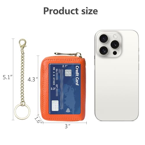 imeetu Rfid Credit Card Holder, Businese Card Case, Wallet for Women Men | Genuine Leather Card Wallet with id Window, Keychain & Double Zipper, Water-resistan Small Wallet with Gift Box, Daily Travel - color: Max - Orange