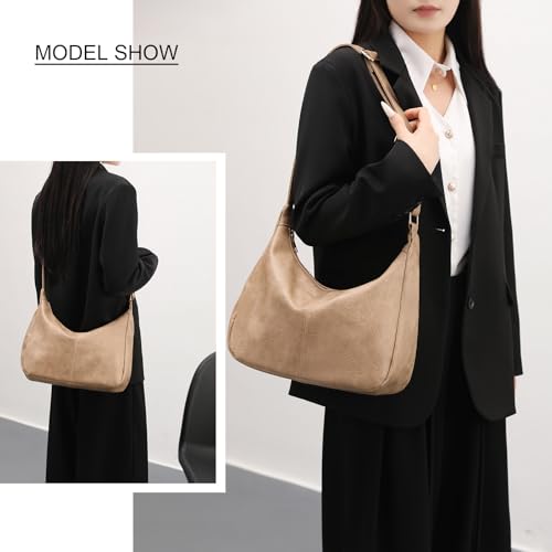 Hobo Bags for Women Foldable Shoulder Handbag CrossBody Purse | Adjustable Strap, 6 organized pockets, Crescent Tote Bag, Cute Slouchy Underarm Bag, Fits 12.9" iPad Pro - color: Khaki
