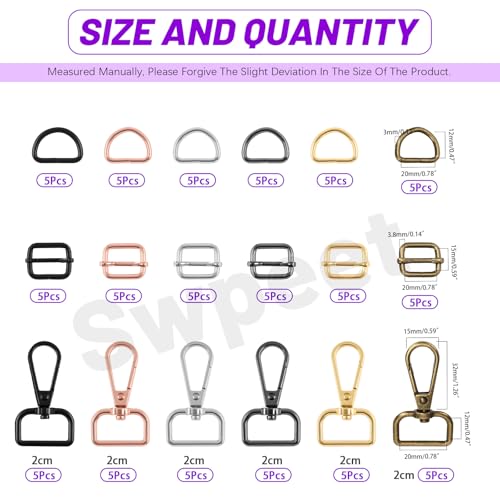 Swpeet Metal D Ring & Rectangle Adjuster Triglides Slides Buckle & D Ring Lobster Clasp Kit, Semi-Circular D Rings Roller Pin Buckles Swivel Snap Hook - style: 2CM