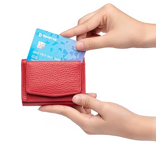 Small Wallet Women Genuine Leather RFID Blocking Trifold Tiny Wallets with Snap Coin Pouch 7 Card Solts