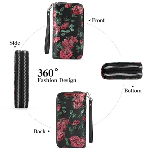 GOIACII Women's Wallet RFID Blocking Leather Wristlet | 2 Zip Around, Large Capacity, Credit Card Holder, Ladies Phone Clutch Purse - color: B03 Red Rose