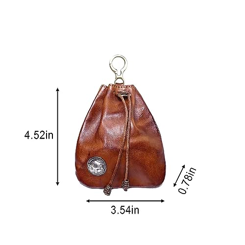 Medieval Drawstring Change Purse, Genuine Leather Key Ring Purse Coin Organizer Drawstring Gift Bag Jewelry Storage Bag Mini Multifunction Wallet for Men Women (Brown) - color: Brown