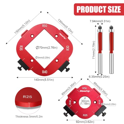 Router Corner Radius Template with 2 Trim Bit Aluminum Alloy Radius Jig Router Templates for Woodworking Router Corner Jig R10/R15/R20/R25/R30/R35/R40/R50 Use with Router Table - color: Red & 2 Trim Bit