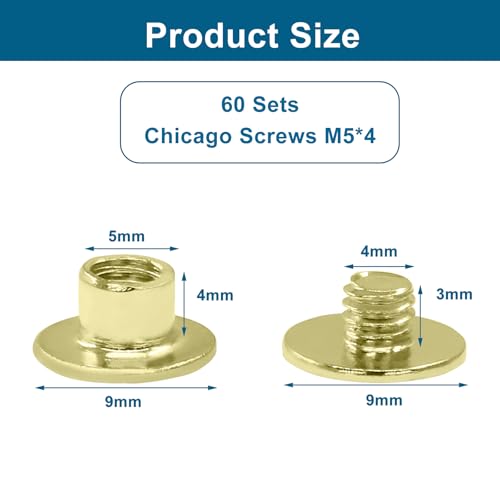 60 Sets Gold Chicago Screws, M5*4mm Leather Rivets Screw Rivets Buttons DIY Leather Trim Craft Bookbinding for Decorate Repair Belt Bag Shoes Purse - color: Gold