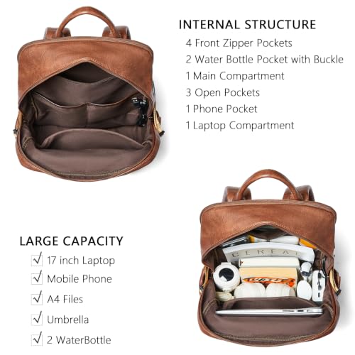 Leather Laptop Backpack for Women Fits 17" Laptop, with RFID Wristlet Purse - color: Brown