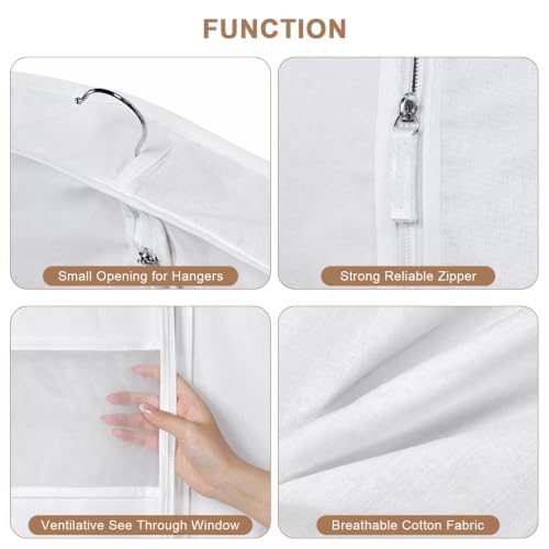 60" Cotton Garment Bag for Hanging Clothes, Dress Bags for Gowns | 2 Pack, Breathable Cotton Fabric, Strong Zipper, Organza Window, Dust Cover, For Closet Storage, Long Dress, Coats, White - size: 3"W x 60"H-2pcs