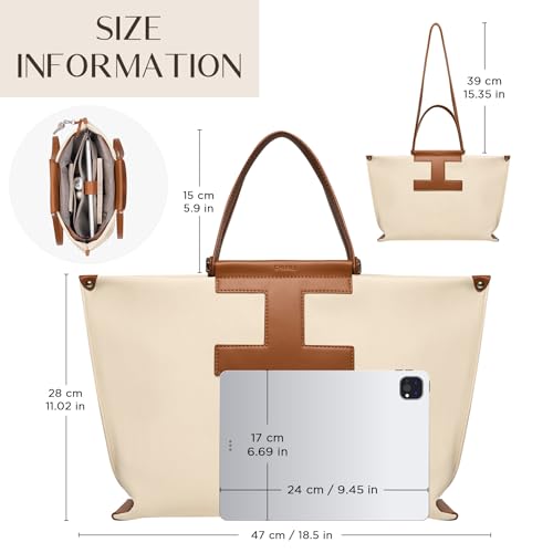 CHUNLI 15.6" Laptop Tote for Women - Lightweight Canvas-Textured Leather Work Bag, Structured Business Briefcase, Teacher - color: Beige & Brown