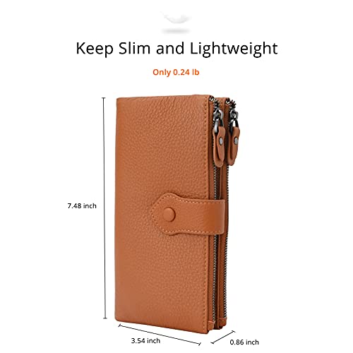 Bveyzi Women Soft Leather RFID Blocking Bifold Slim Wallets Ladies Credit Card Holder Double Zipper Pocket - color: Brown