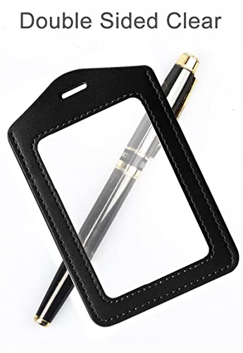 Larpur 2 Pack Leather Badge Holders, Double Sided Clear ID Badge Holder Vertical Card Holders for Work, School, Office (Black) - color: 2 Side Clear - Black Vertical