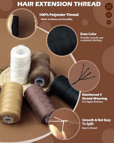 FIVEIZERO 5 Rolls Hair Extension Thread with 30 PCS T/C/J/I Needles Using,5 Colors Hair Weave Threads,Sew in Needle and Thread for Hair Extensions,Hand Sewing,Making Wigs DIY-750yd | 5 Rolls Hair Thread;4-ply polyester weaving thread;Hair Weave Threads fo