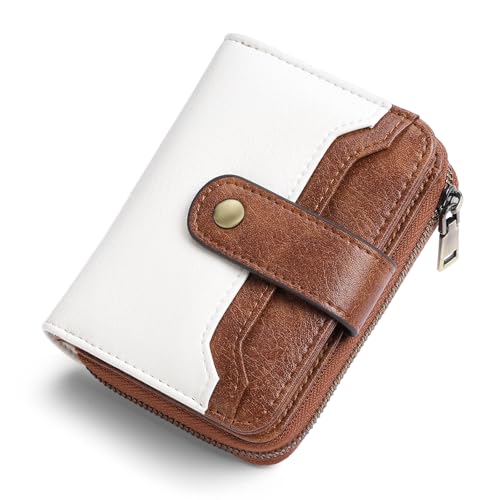 GAEKEAO Small Wallet for Women Leather RFID Blocking Bifold Zipper Pocket Credit Card Holder Card Case Wallets with ID Window - color: White&Brown