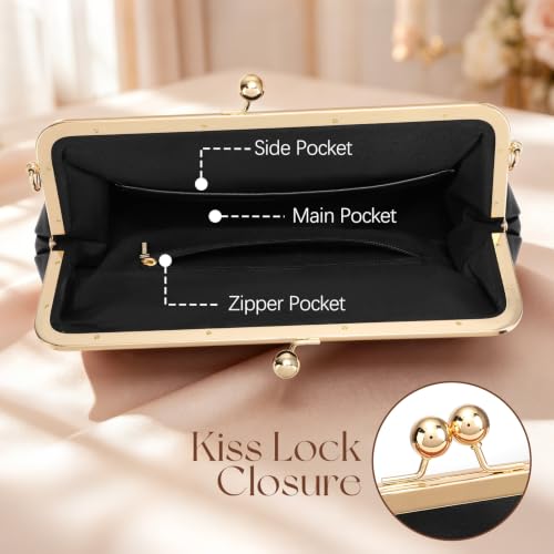 Women's Kiss Lock Bag Evening Clutch Purses Kiss Clasp Crossbody Bag Handbag Formal Evening Purse Messenger - color: Black