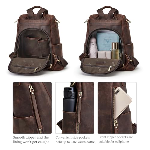 S-ZONE Leather Backpack Purses for Women Antitheft Rucksack Shoulder Bag Medium | Genuine Leather, Medium Fits 9.7-inch Tablet, for Work Travel Daily Commute, Multi Pockets, Adjustable Dual Straps - color: 3-deep Brown