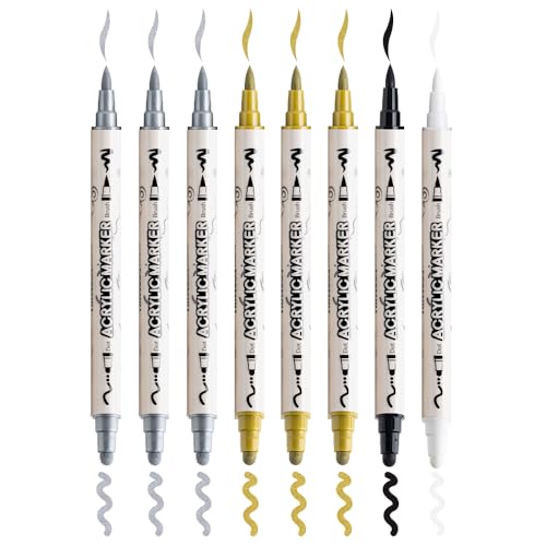 TRANSON 3 Gold, 3 Silver, 1 Black and 1 White Paint Markers Brush and Bold Dual-tip Acrylic Paint Marker Set for Rock Painting Glass Canvas Wood Leather Ceramic Painting - style: Bold and Brush 3 Gold 3 Silver 1 Black and 1 White