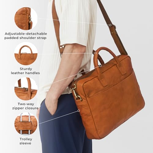 BERLINER BAGS Genuine Leather Laptop Bag For Men Madrid - Brown | Leather Briefcase For Men, 15" Laptop Slot, Trolley Sleeve, Phone Pocket, Pen Loops, Magnetic Pocket, For Work & Travel