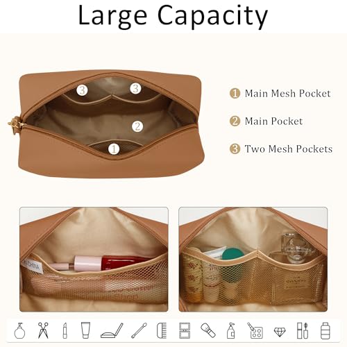 Gifts for Women Bridesmaid Gifts Initial Makeup Bag | Personalized Birthday Gift | PU Leather Cosmetic Pouch Bag | Waterproof Travel Toiletry Bag (Brown L) - color: Brown, style: L