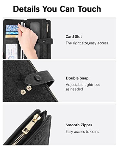 BOSTANTEN Womens Leather Wallet RFID Large Capacity Credit Card Holder | 4 ID Windows, 16 Card Slots, Zipper Coin Pocket, Clutch Wallet, Long Bifold, Ladies Gifts, Grey Black - color: B-Black-oil wax