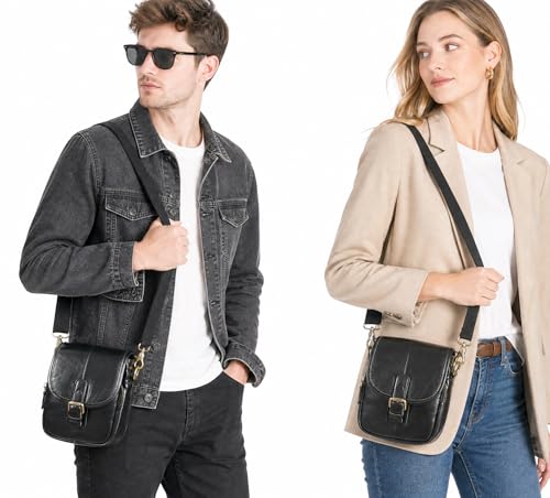 Water Resistant Canvas + Leather Hiking Riding Travel Fanny Waist Pack Small Phone Pouch For Men Women FB811-29 (1168-Black) - color: Genuine Leather-1168-Black
