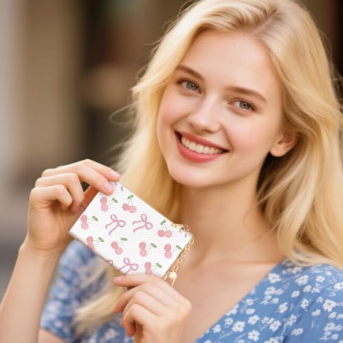 Cherry Bow Keychain Cute Coin Purse for Women, Small Change Pouch | Zipper Key Chain Purse, Little Mini Zip Pocket, PU Leather, Travel Wallet for Girls, Coin Cash Holder, Key Ring, Women Gifts - color: Coquette Bow