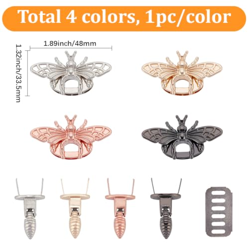 1 Box 4Pcs Bag Turn Buckle Bee Clasp Turn Lock 4 Colors Honeybee Shape Decorative Lock Clutch Closure Metal Latch Hardware Accessory for DIY Handbag Purse Shoulder Bag Making Supplies