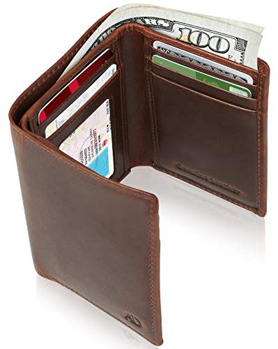 Trifold Wallets for Men - Slim RFID Blocking Wallet for Securing Personal Data - Front Pocket Friendly Genuine Leather Wallet - Mens Wallets Trifold with ID Window - Tri Fold Wallet Gifts for Men - color: Brown Crazyhorse