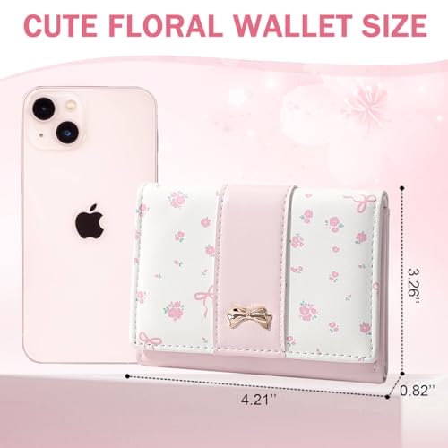 Cute Coquette Bow Small Wallet for Women Girls | Mini Wallet, 7 Card Slots, ID Window, Cash Slot - color: PINK