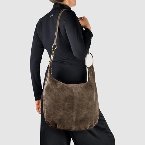 Italian Genuine Suede Hobo Bag for Women with Zippered Closure and Ring Handle Hardware | Large Shoulder Handbag (Tobacco) - color: Tobacco