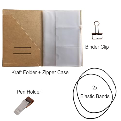 A5 Travelers Notebook Accessories Kit - Kraft File Folder, Zipper Case, Pen Holder, Binder Clip and 2 Elastic Bands - size: A5 Size